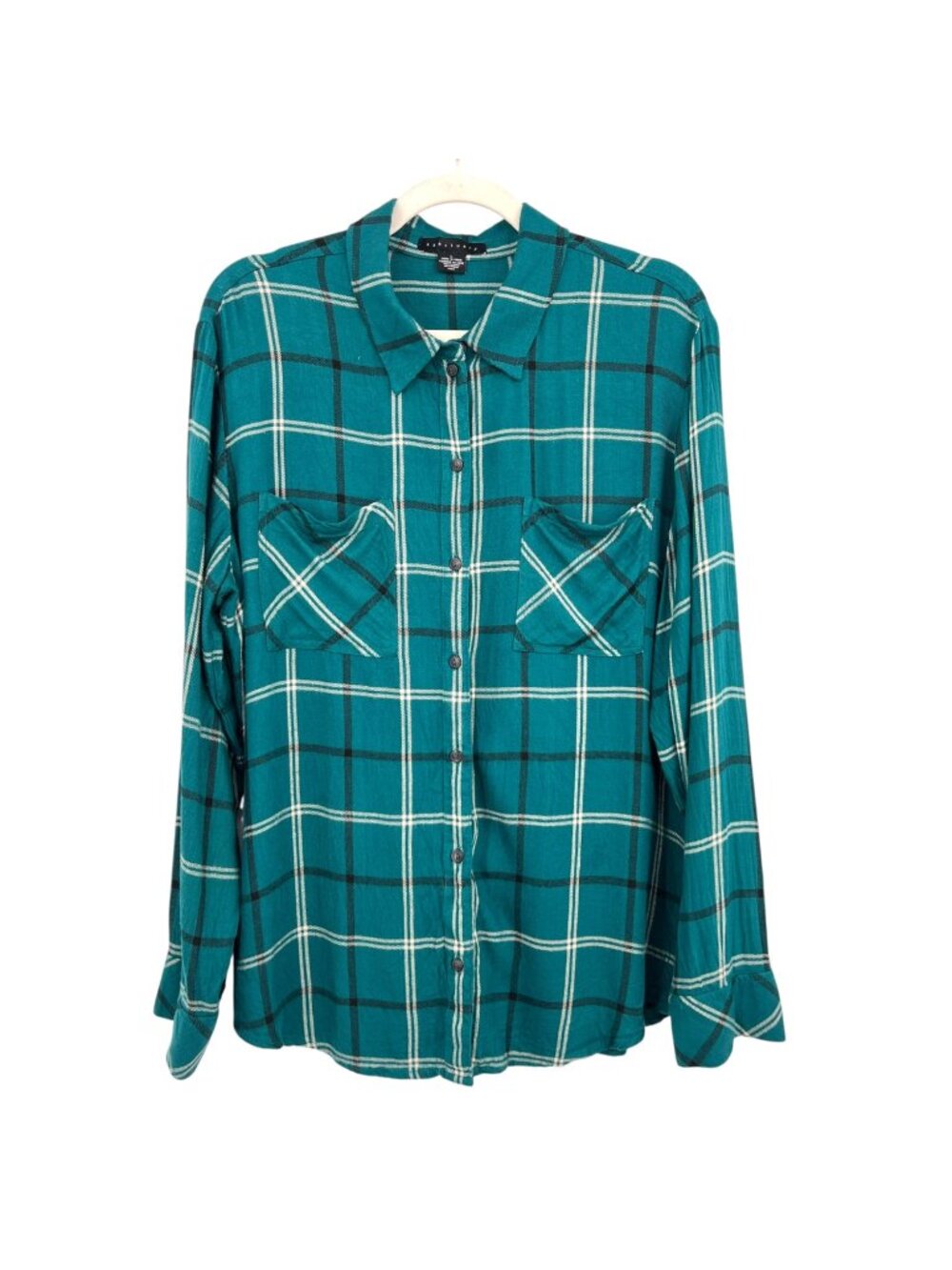 Sanctuary Teal Plaid Boyfriend Shirt Size Large Long Sleeve Button-Down Casual